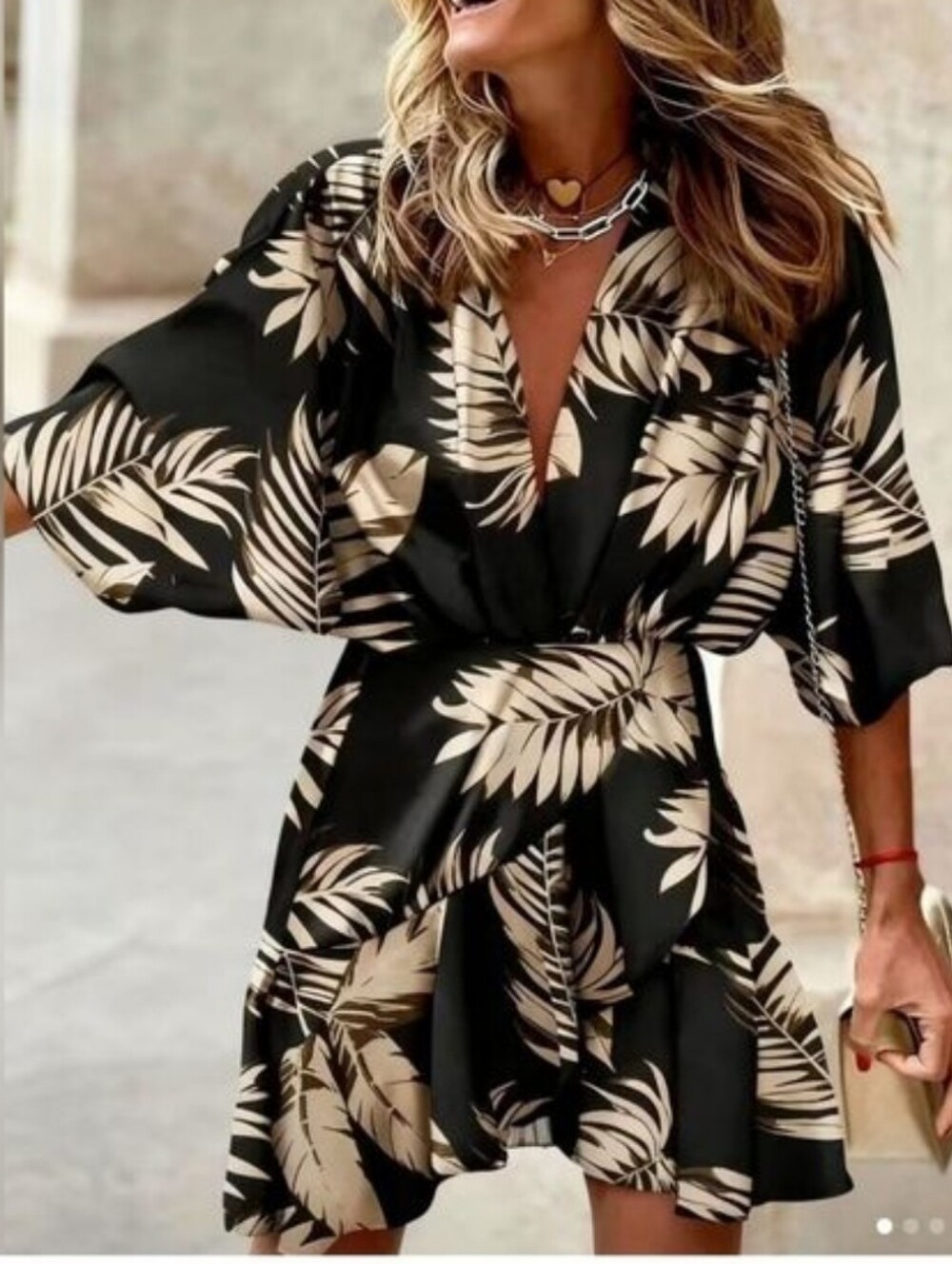 TRÏBE Tropical Palm Print Black & Beige V Neck Mini Dress Size XL